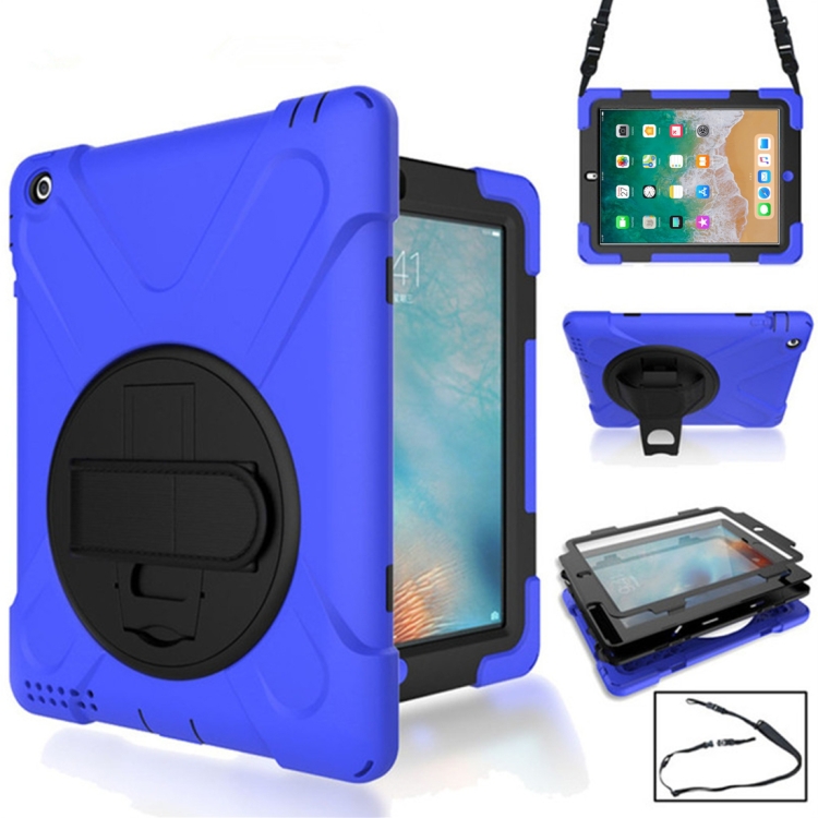 

360 Degree Rotation Silicone Protective Cover with Holder and Hand Strap and Long Strap for iPad 5 / iPad Air(Blue)