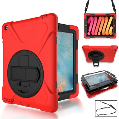 

360 Degree Rotation Silicone Protective Cover with Holder and Hand Strap and Long Strap for iPad mini 1 / 2 / 3(Red)