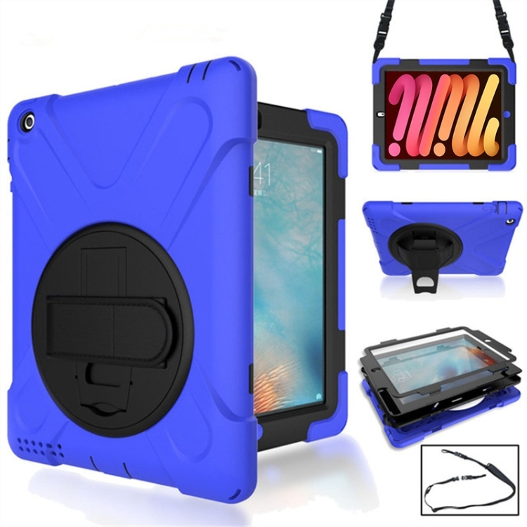 

360 Degree Rotation Silicone Protective Cover with Holder and Hand Strap and Long Strap for iPad mini 4(Blue)