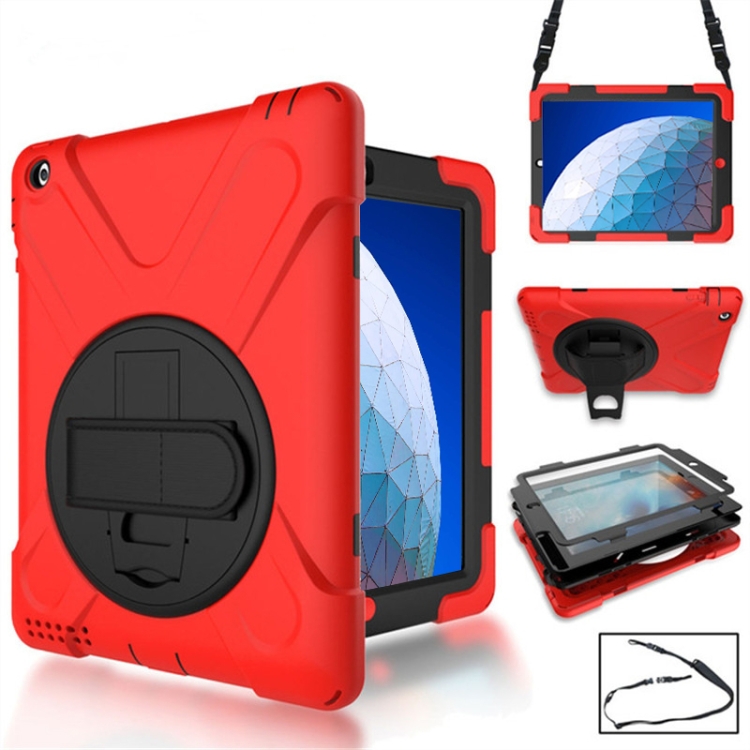 

360 Degree Rotation Silicone Protective Cover with Holder and Hand Strap and Long Strap for iPad Pro Air 3 10.5 （2019）(Red)