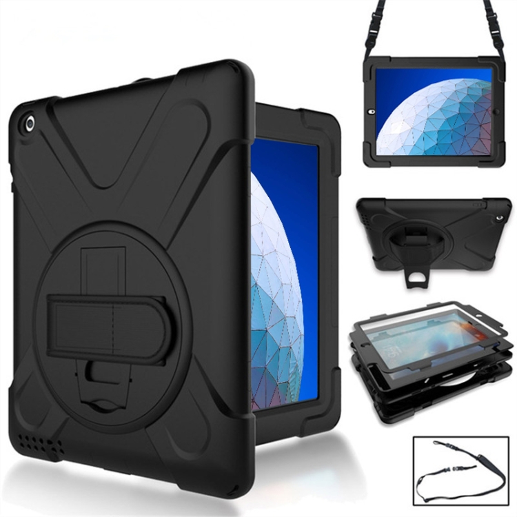 

360 Degree Rotation Silicone Protective Cover with Holder and Hand Strap and Long Strap for iPad Pro Air 3 10.5 （2019）(Black)
