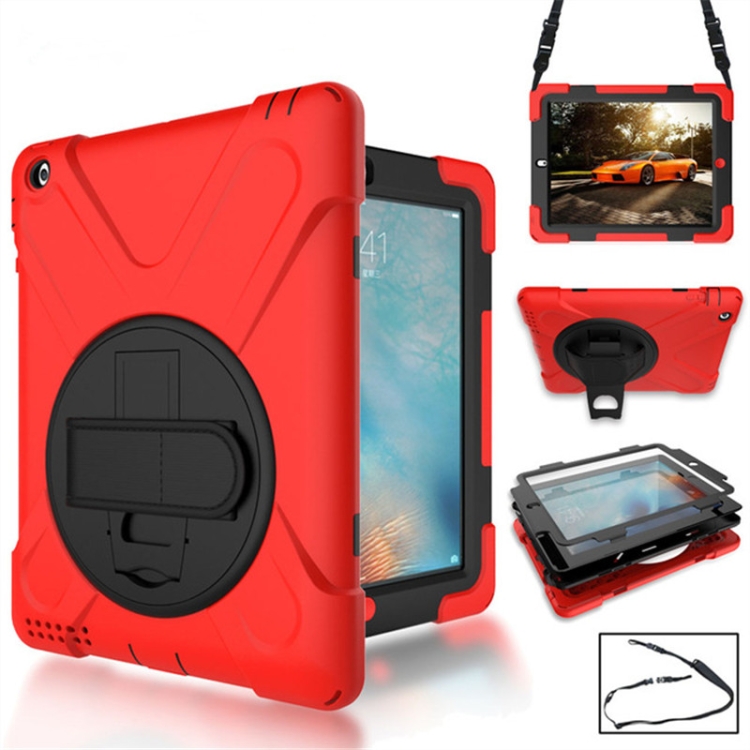 

360 Degree Rotation Silicone Protective Cover with Holder and Hand Strap and Long Strap for iPad Pro 11 (2018)(Red)