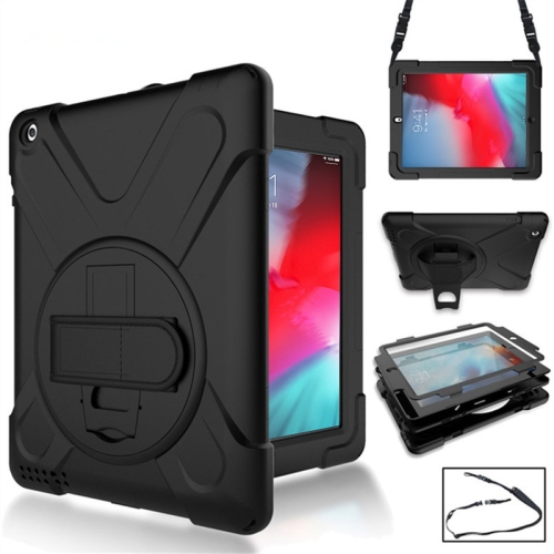 

360 Degree Rotation Silicone Protective Cover with Holder and Hand Strap and Long Strap for iPad mini 5 (2019)(Black)