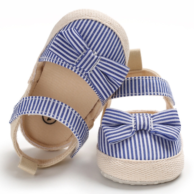 

Baby Girl Soft Striped Bow PU Crib Shoes Infants Anti-slip Prewalker Summer Shoes, Shoe Size12cm(Blue)