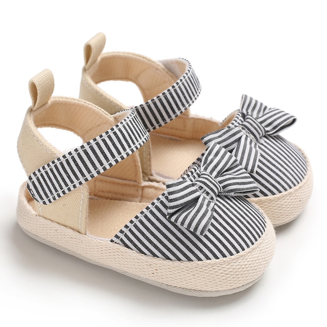 

Baby Girl Soft Striped Bow PU Crib Shoes Infants Anti-slip Prewalker Summer Shoes, Shoe Size11cm(Black)