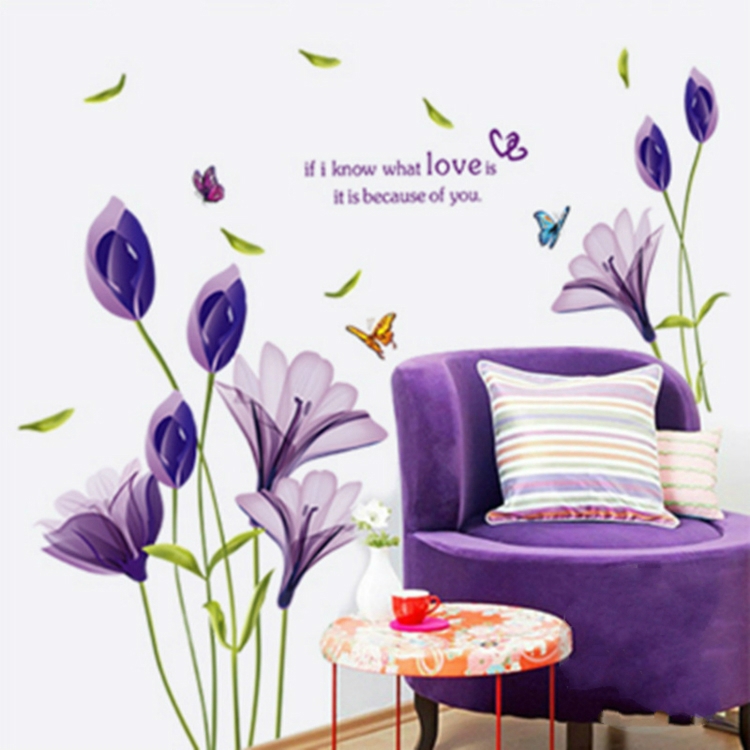 

Home Decor DIY Purple Lily Flower Posters Living Room Decorative Wall Stickers Removable Waterproof Stickers, Size:L
