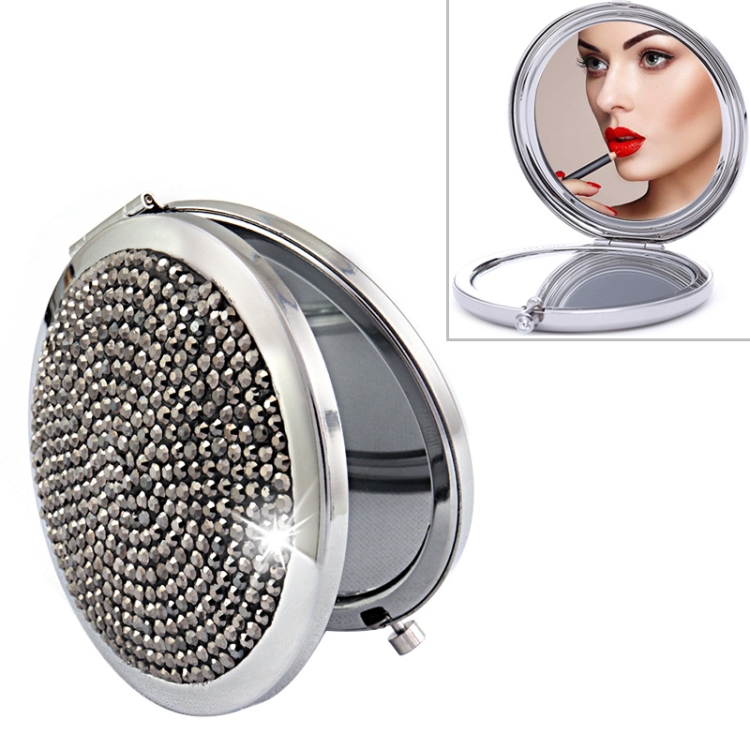 

Diamond-encrusted Metal Double Side Folding Mini Portable Round Small Makeup Mirror(Bright Black )