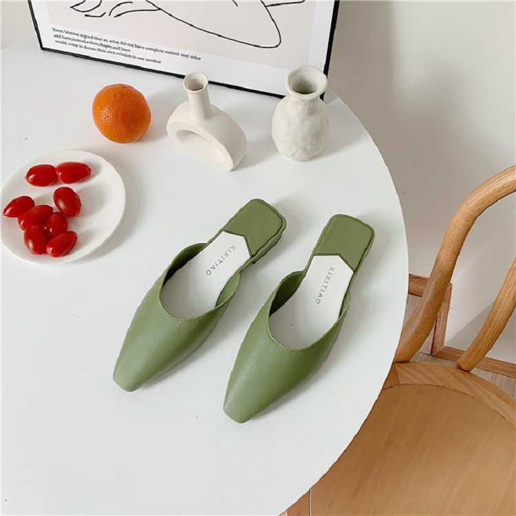 

Square Toe Mules Slippers Candy Color Flats Sandals, Size:36(Green)