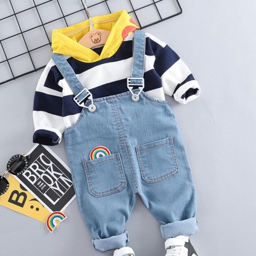 

Hooded T-shirt + Casual Handsome Bib Pant Children Clothing Set, Height:80cm(Strip Blue)