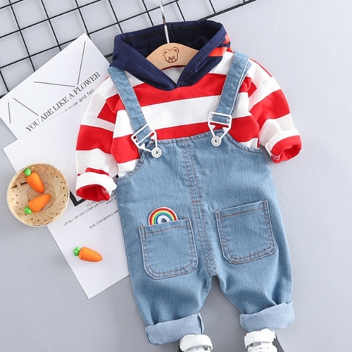 

Hooded T-shirt + Casual Handsome Bib Pant Children Clothing Set, Height:80cm(Strip Red)