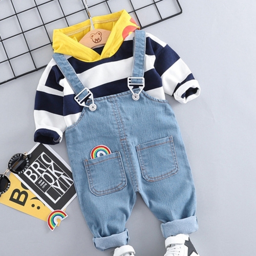 

Hooded T-shirt + Casual Handsome Bib Pant Children Clothing Set, Height:90cm(Strip Blue)