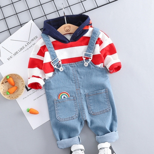 

Hooded T-shirt + Casual Handsome Bib Pant Children Clothing Set, Height:90cm(Strip Red)