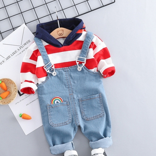 

Hooded T-shirt + Casual Handsome Bib Pant Children Clothing Set, Height:100cm(Strip Red)