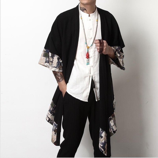 

Men Linen Cotton Windbreaker Long Paragraph Braided Loose Cardigan, Size:L(Black)