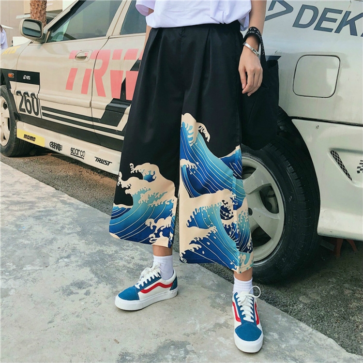 

Harajuku Casual Loose Elastic Wave Print Wide Leg Ankle-length Pants, Size: One Size(Black)