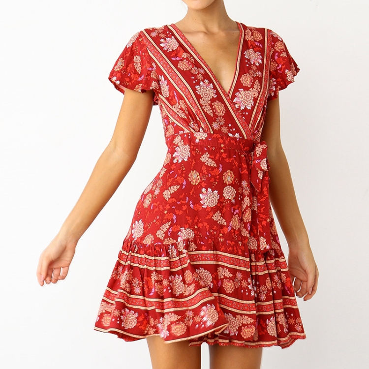 

Sexy Flowers V-neck High Waist Lace Ladies Chiffon Pleated Skirt, Size: M(Red )