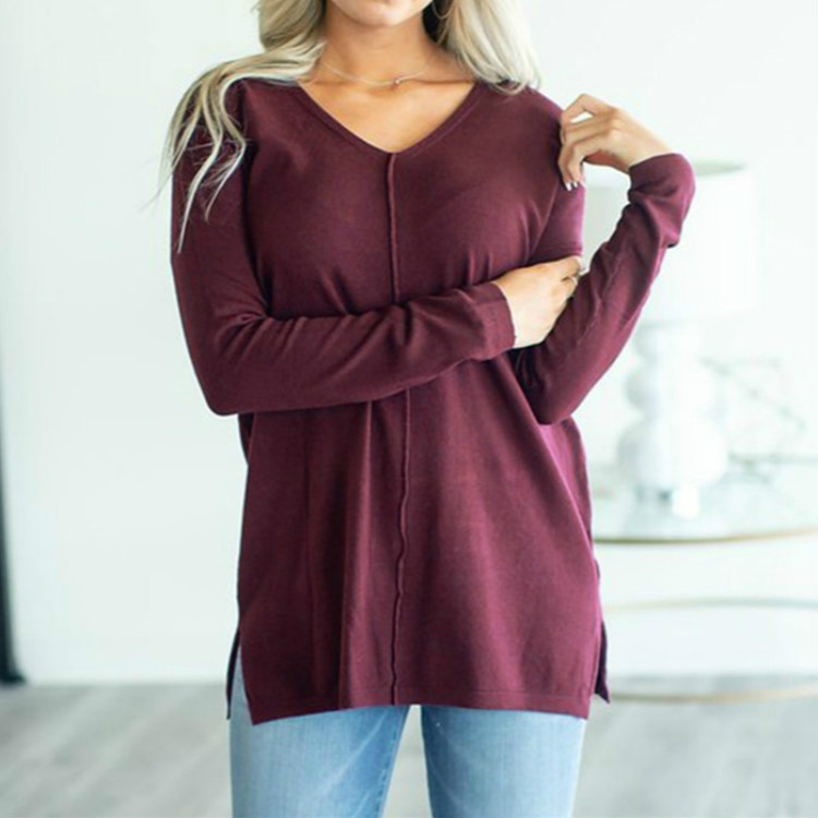 

Casual Loose V-neck Solid Color Long-sleeved T-shirt, Size: L( Wine Red )