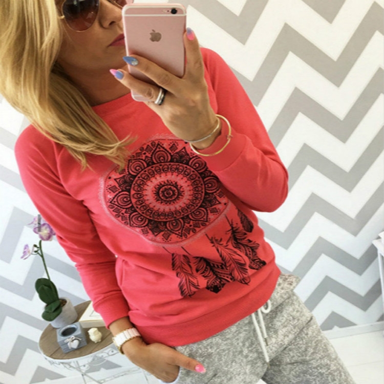 

Ethnic Style Pattern Printing Round Neck Long-sleeved T-shirt, Size: L(Red )