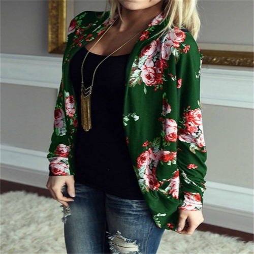 

Autumn and Winter Rose Print Long-sleeved Jacket Ladies Cardigan, Size: 2XL(Green)