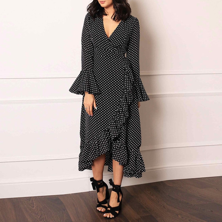 

Print V-neck Trumpet Sleeves High Waist Tie Irregular Dress, Size: M(Black)