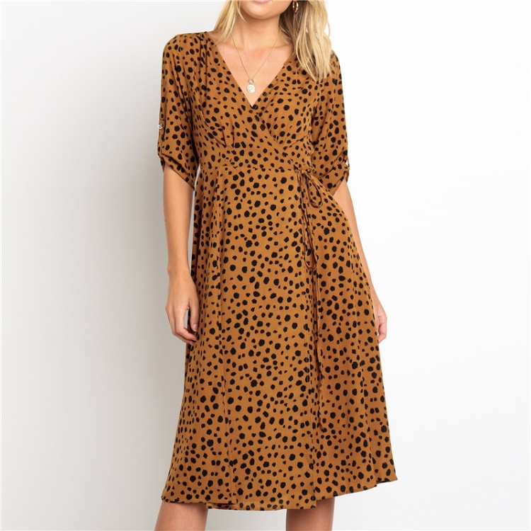 

V-neck Long-sleeved Leopard Print Lace Chiffon Dress, Size: XL(Brown)