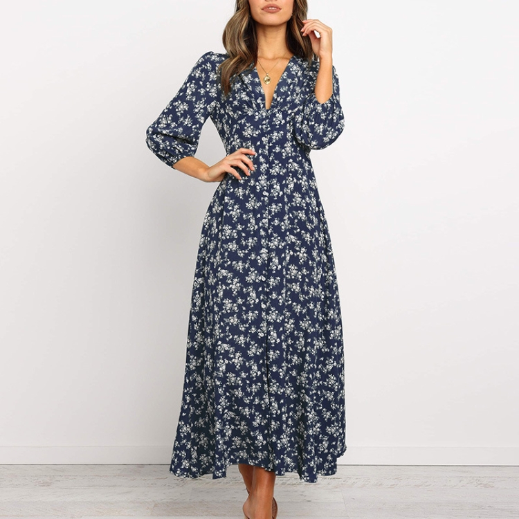 

Long-sleeved Printed V-neck Single-breasted High Waist Chiffon Dress, Size: M(Navy Blue )