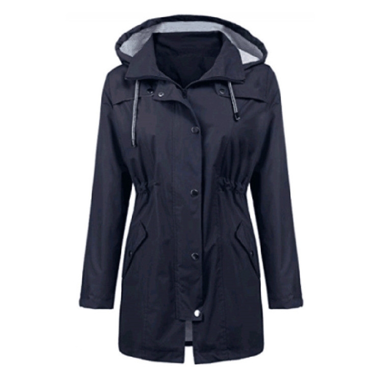 

Casual Women Waterproof Waist Hooded Long Coat, Size:L(Navy Blue)