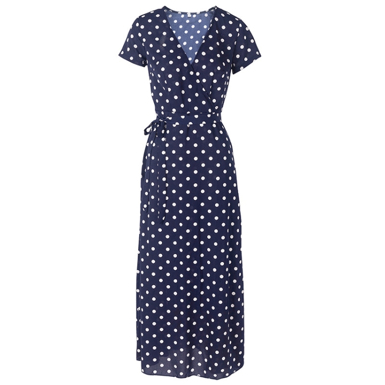 

Summer V-neck Sexy Split Wave Point Dress, Size: XL(Blue Short Sleeve)