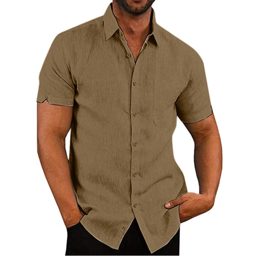 

Solid Color Cotton Short-sleeved Lapel Casual Repair Body Shirt for Men, Size: M( Khaki)