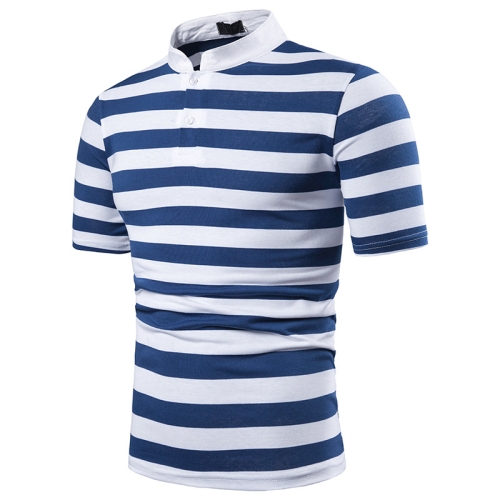 

Summer Leisure Trend Stripe Lapel Short Sleeve T-shirt, Size: M(Light Blue)