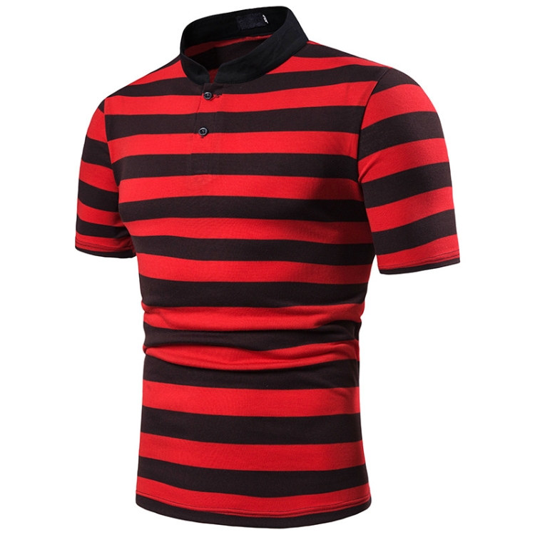 

Summer Leisure Trend Stripe Lapel Short Sleeve T-shirt, Size: XL(Red)