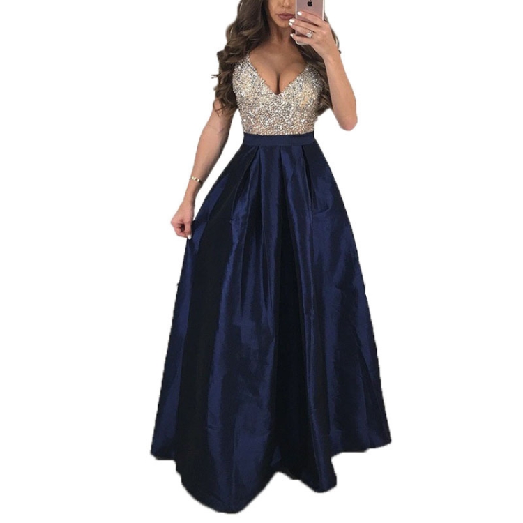 

Big Swing Sequins V-neck Dress, Size: XL(Navy Blue)