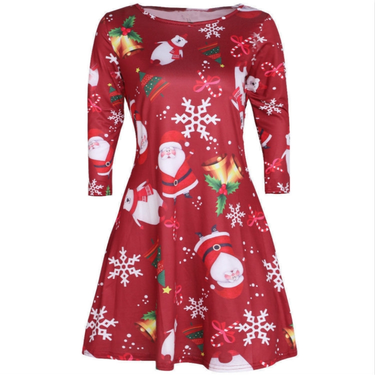 

Print Dress Round Neck Long Sleeved Skirt, Size: S(Red Snowflake )