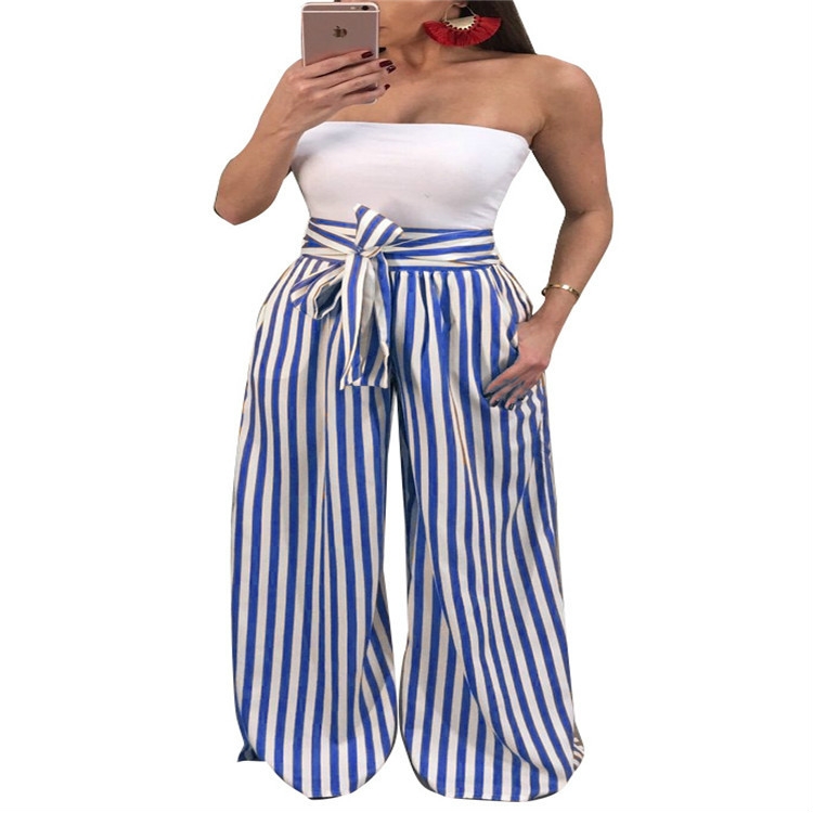 

Sexy Wide Leg Pants Outdoor Striped Loose Pants, Size:XXL(Blue)