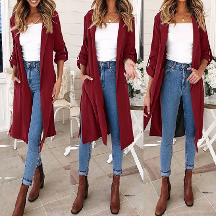 

Autumn and Winter Women Solid Color Seven-point Sleeve Casual Windbreaker Jacket, Size: XL(Wine Red)