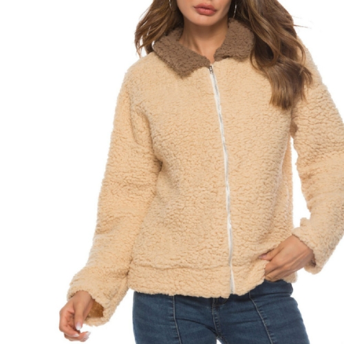 

New Lamb Hair Color Zipper Coat, Size: XL(Camel )