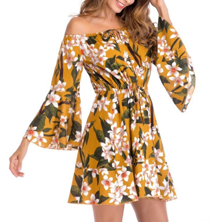

Drawstring Belt Off-the-shoulder Collar Print Large Swing Skirt Dress, Size:M(Ginger Yellow)