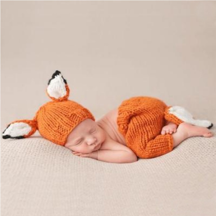 

Children Photography Clothing Cartoon Fox Shape Handmade Wool Knit Hat + Pants Set, Size: 0-3月(Orange )