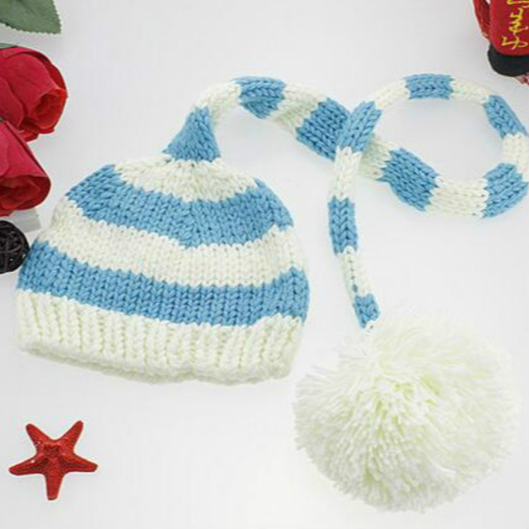 

Children Photography Clothing Baby Photo Wool Long Tail Cap Horizontal Striped Christmas Hat(Blue )