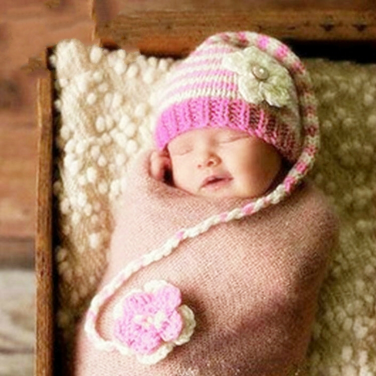 

Children Photography Clothing Hand-knitted Horizontal Striped Wool Long Tail Cap with Flower(Pink )
