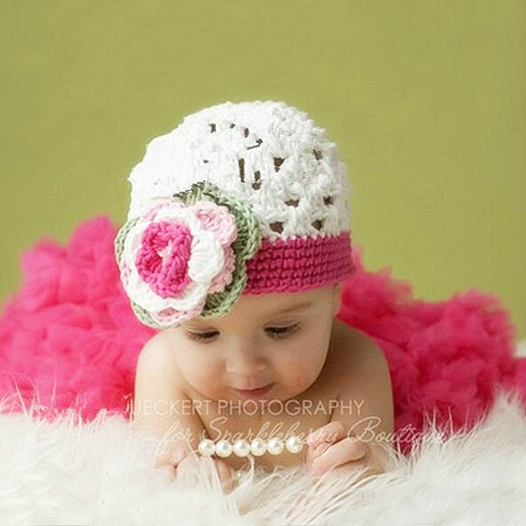 

Children Photography Clothing Hand-knitted Cotton Wool Hat with Flowers(White )