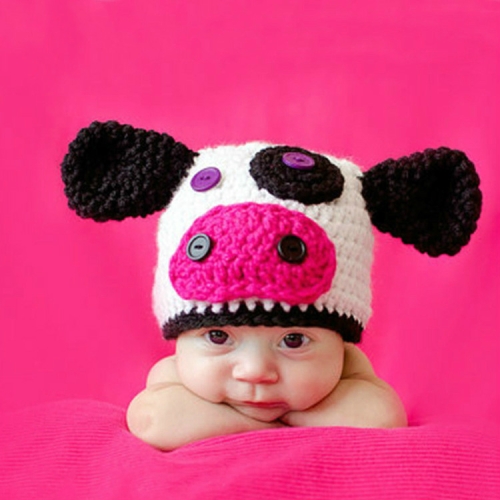 

Cartoon Cow Shape Cotton Children Photography Hand-knitted Wool Cap(White )