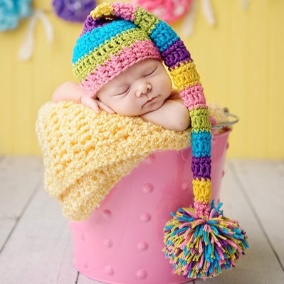 

Children Photography Clothing Hand-knitted Horizontal Striped Wool Long Tail Cap with Woolen Ball(Color )