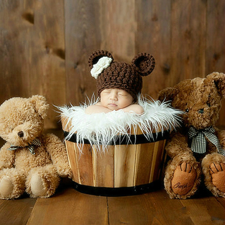 

Cartoon Mouse Shape Cotton Children Photography Hand-knitted Wool Cap with Flower(Brown )