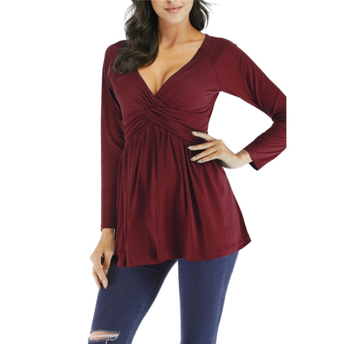 

Pleated Loose Long Sleeved T-shirt Shirt, Size: XL(Wine Red )