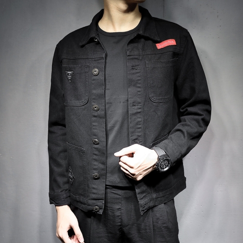 

Casual Black Slim Wild Spring and Autumn Tooling Denim Jacket, Size: XL(Black )