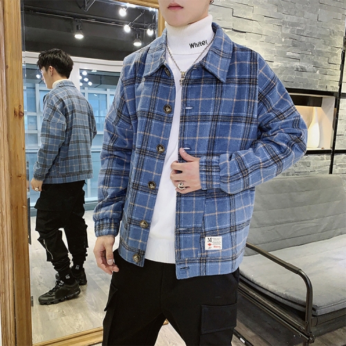 

Autumn and Winter Casual Plaid Lapels Slim Woolen Coat, Size: 2XL(Blue)