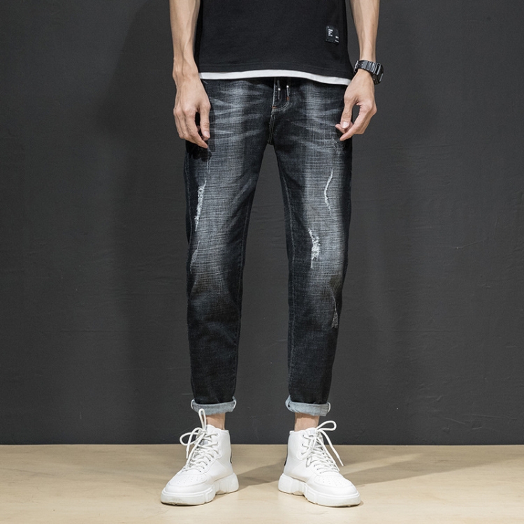 

Spring and Autumn Men Slim Black Casual Personality Holes Trendy Feet Jeans, Size: 32(Black )