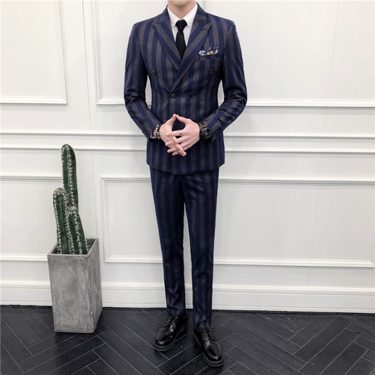 

Slim-fit Striped Double-breasted Business Dress Gown Suit Suit Men Three-piece Suit, Size: M(Blue)