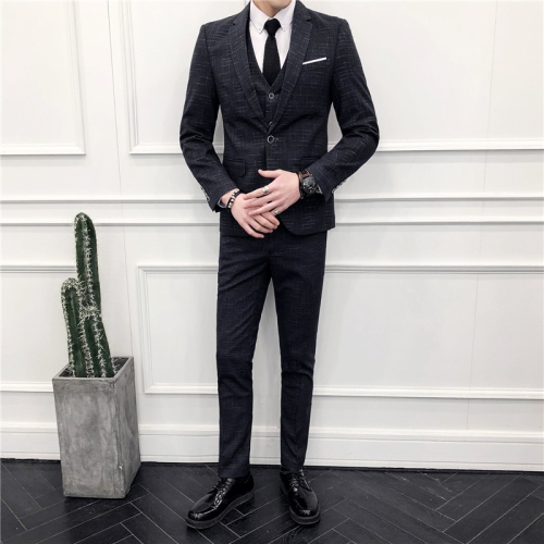 

Men Business Career Slim British Wind Groomsman Suit Suit Three-piece Suit, Size: L(Black Gray)